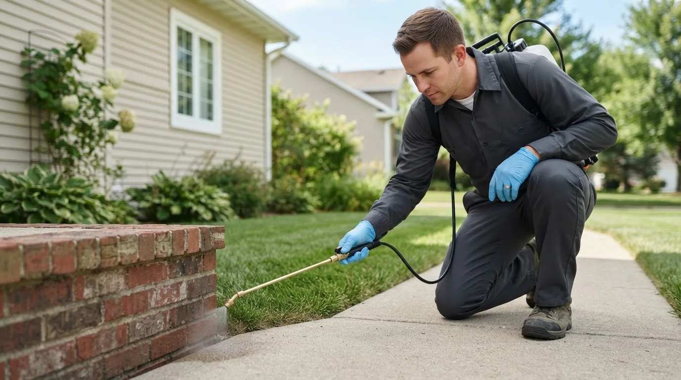 Pest control technician treating a home near North Walpole, NH